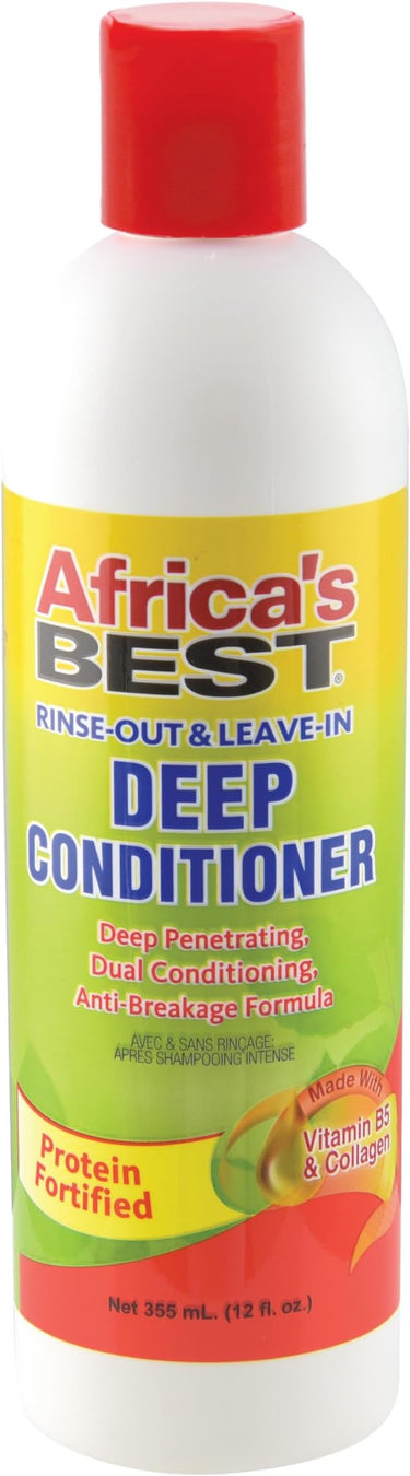 Africa's Best deep conditioner bottle with red cap and colorful label.